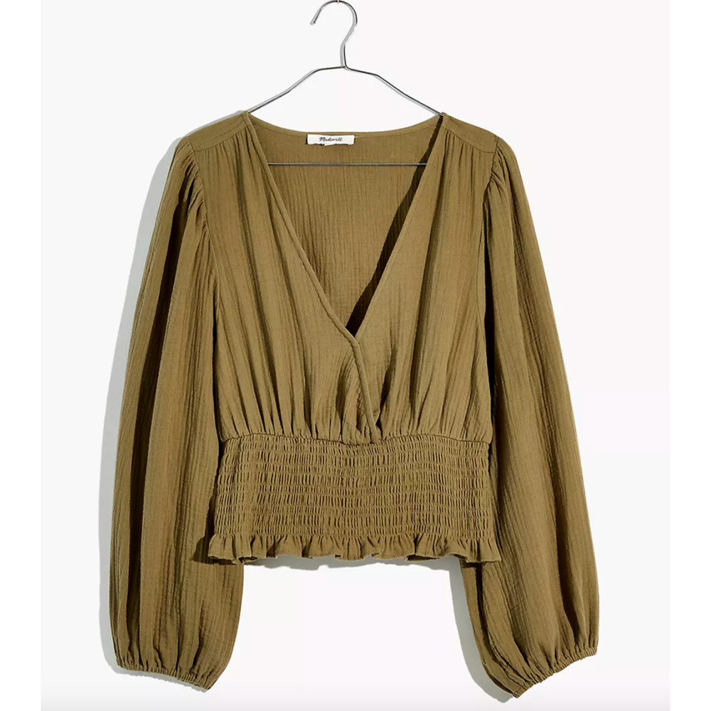 NWT Madewell Olive Green Smocked-Waist Long Sleeve V-Neck Blouse